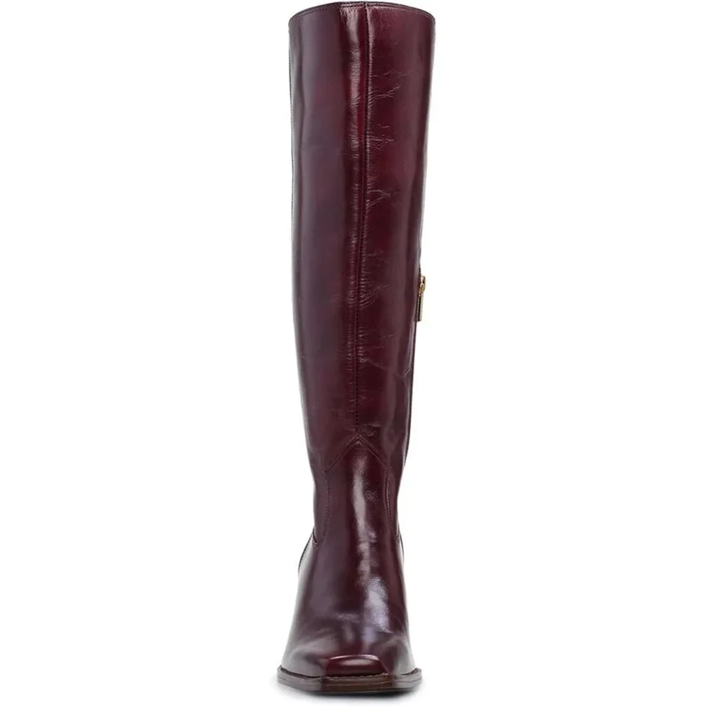 Women Burgundy Polyurethane Knee High Side Zipper Square Toe Block Heel Boots